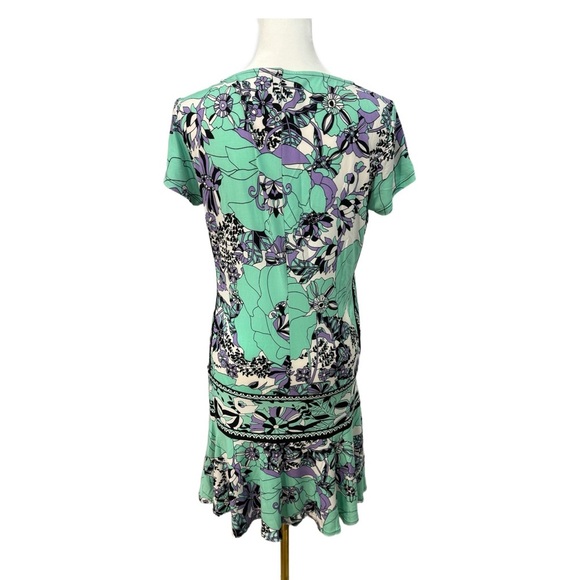 DONNA MORGAN Women’s Size 4 Floral Dress Short Sleeve Mini Ruffle Hem Green - Picture 5 of 13